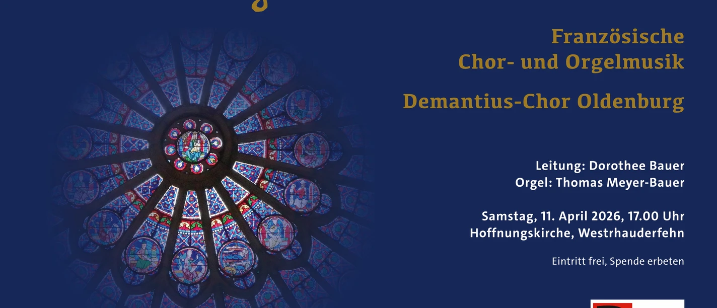 Webbild_2026_ohne Text_klein.jpg Buntes Kirchenfenster mit Rosettenmuster und Text zu französischer Chor- und Orgelmusik am 11. April 2026 in der Hoffnungskirche Oldenburg