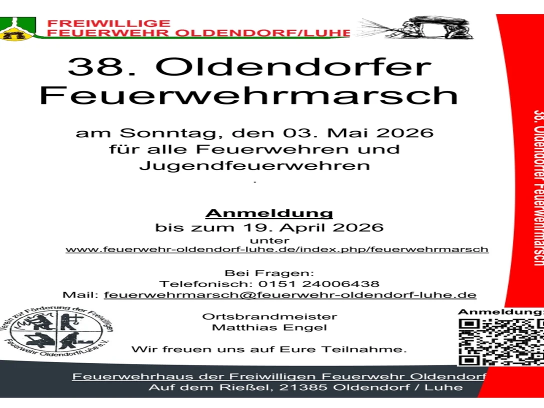 FWMarsch1.jpg Einladungsplakat zum 38. Oldendorfer Feuerwehrmarsch am 3. Mai 2026 für Feuerwehren.