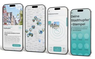 Stadthupferl-App Vier Smartphone-Mockups mit App-Ansichten zu Stadthupferl, Karten, Navigation und Stempeln.