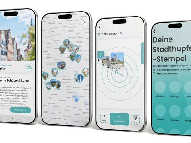 Stadthupferl-App Vier Smartphone-Mockups mit App-Ansichten zu Stadthupferl, Karten, Navigation und Stempeln.