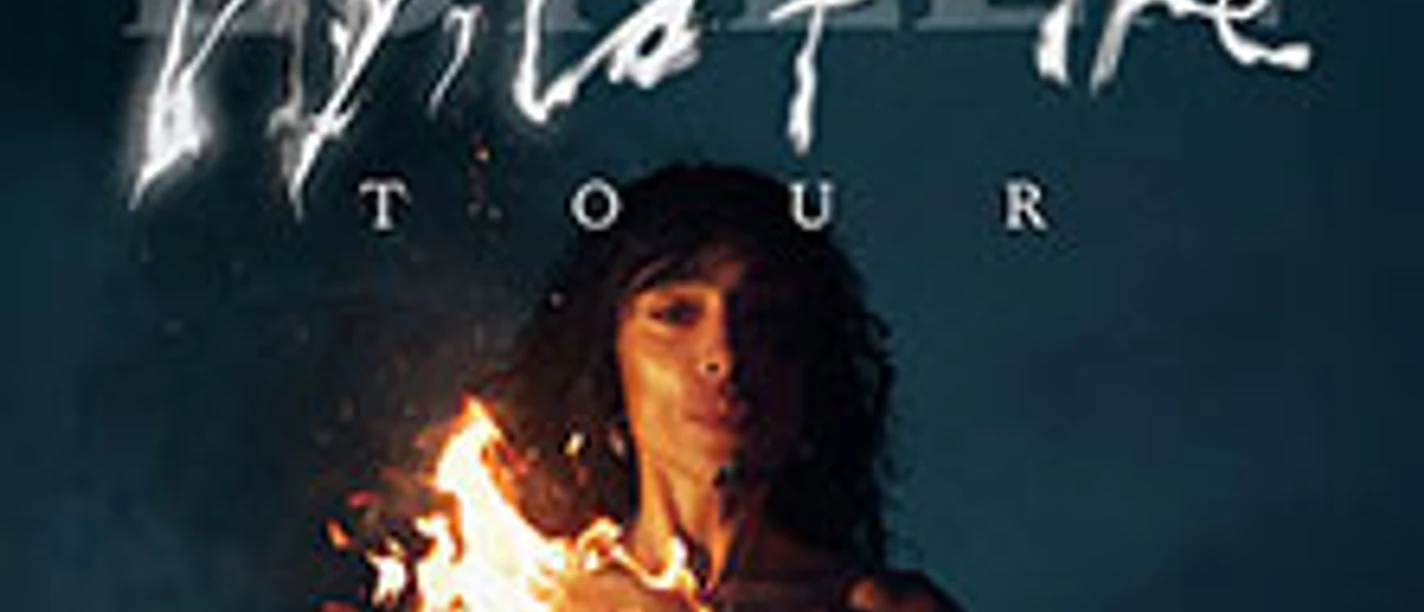 Eine Person vor dunklem Hintergrund mit brennenden Effekten und dem Schriftzug Wildfire Tour.