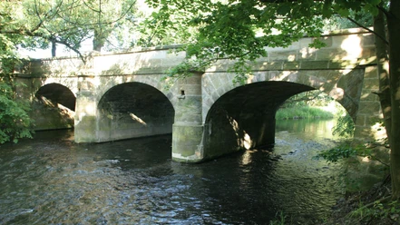Franzosenbruecke_Hohenrode_HD_16zu9.jpg Historische Steinbogenbrücke über einen Fluss, eingerahmt von grünen Bäumen in Salzgitter-Hohenrode.