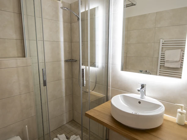 Badezimmer Waldklause Modernes Bad mit Glasdusche, Waschbecken, Spiegel und WC im Hotelzimmer