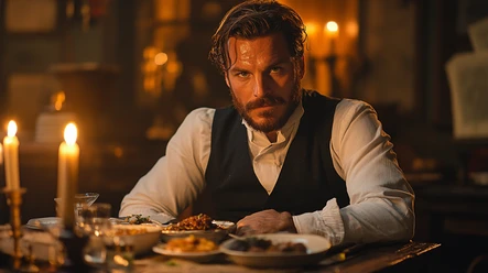 Verbrecherdinner Man in a historic setting sits in front of candlelight and food with a serious look on his face