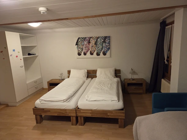 Helles Doppelzimmer im Gasthof Krone Luthern mit zwei Einzelbetten, Wandbild mit Zebras, Kleiderschrank, Nachttischen und warmem Licht, ideal für Paare oder Einzelgäste.