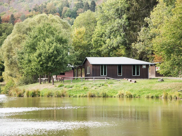 Silbersee mit "Haus am See" Sie sehen die Grillhütte, welchen auf einer grünen Uferwiese am ruhigen Wasser des Silbersees, umgeben von Bäumen steht.