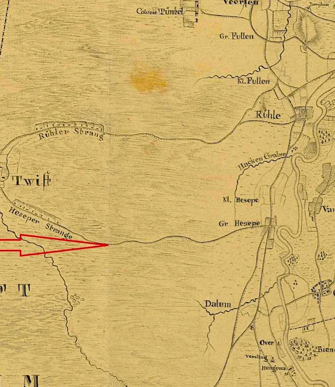 Weg von Nieuw-Schoonebeek (Stern) übers Moor nach Hesepe (Pfeil) © Public Domain_Foto bearbeitet .jpg