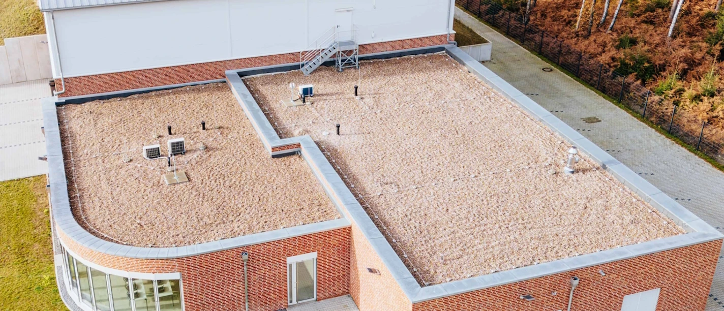 Gebäude.jpg Backsteinbau des Wasserwerks mit Flachdach, Technikaufbauten und Wald am Rand