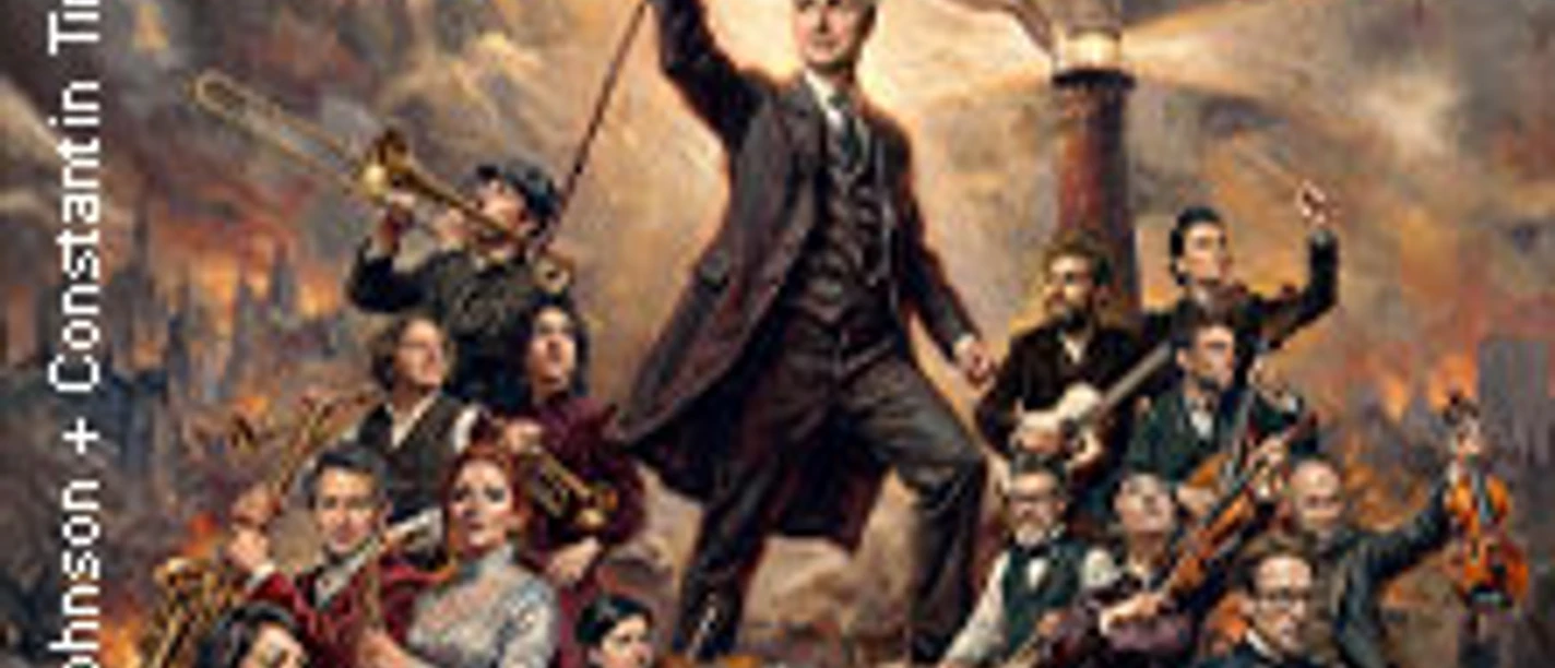 Illustration eines Ensembles in dynamischer Pose mit Fahne vor rauchenden Schornsteinen