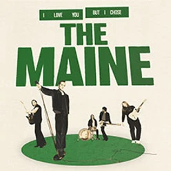 Fünf Musiker auf grünem Podest vor großem Schriftzug der Band The Maine.