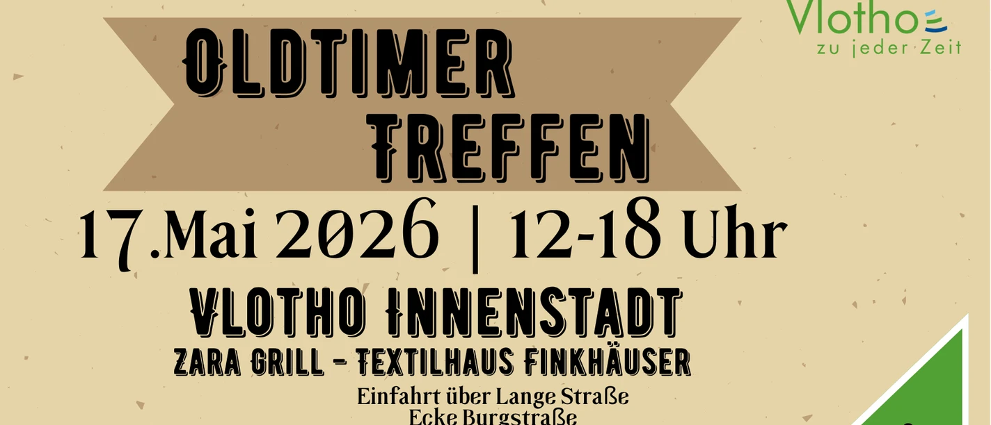 Oldtimer Treffen Vlotho Plakat Oldtimer Treffen am 17. Mai 2026 in der Innenstadt Vlotho mit schwarzem Klassiker