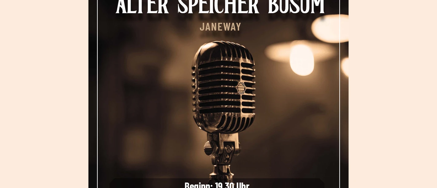 Lighthouse Janeway im Alten Speicher in Büsum Werbeplakat für Veranstaltung mit einem alten Mikrofon.