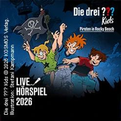 Drei gezeichnete Kinder mit Piratenflagge vor dunklem Hintergrund und Live-Hörspieltitel