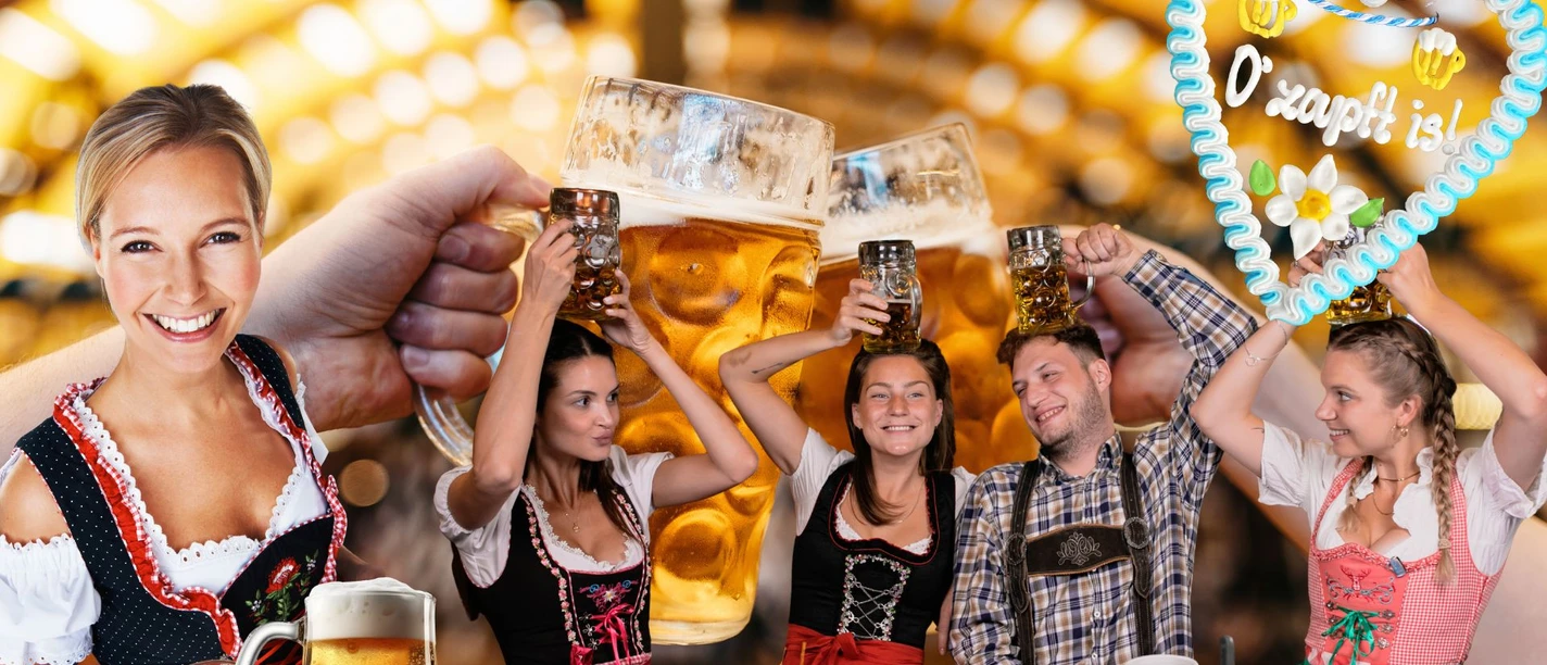 Nacht der Tracht.jpg Ausgelassene Menschen in Tracht stoßen mit großen Bierkrügen im Festzelt an.