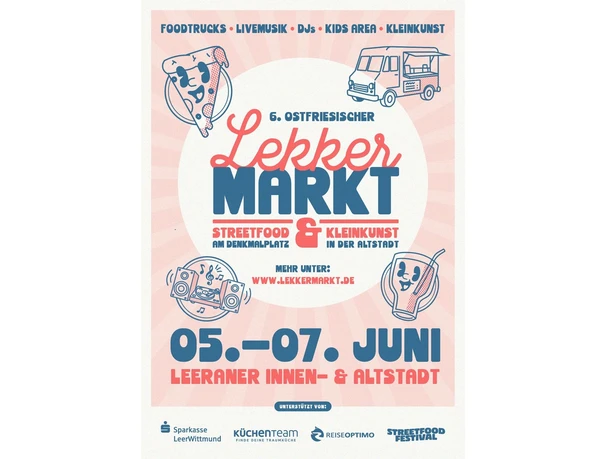 Lekkermarkt2026.jpg Plakat des 6. Ostfriesischen Lekkermarkts in Leer vom 05. bis 07. Juni mit Streetfood und Kleinkunst.