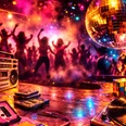 70er 80er Party KI generiert Tanzende Menge im bunten Neonlicht unter einer Discokugel, davor Boombox und Kassetten.