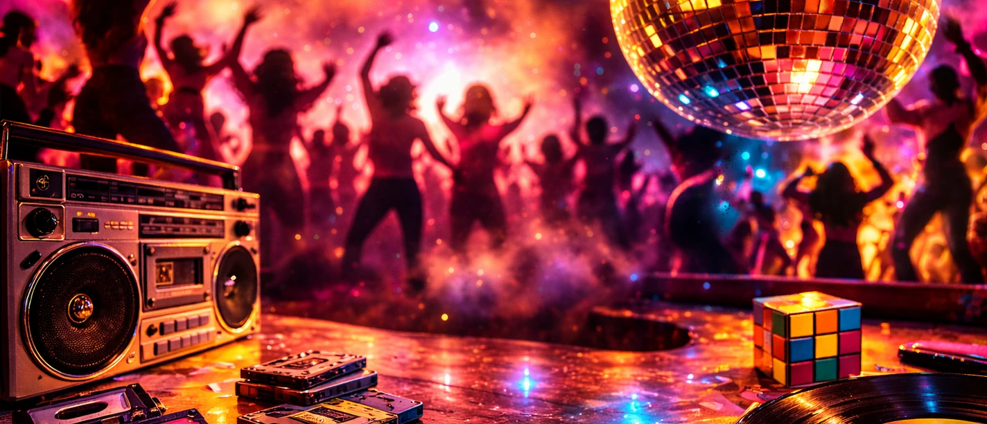 70er 80er Party KI generiert Tanzende Menge im bunten Neonlicht unter einer Discokugel, davor Boombox und Kassetten.
