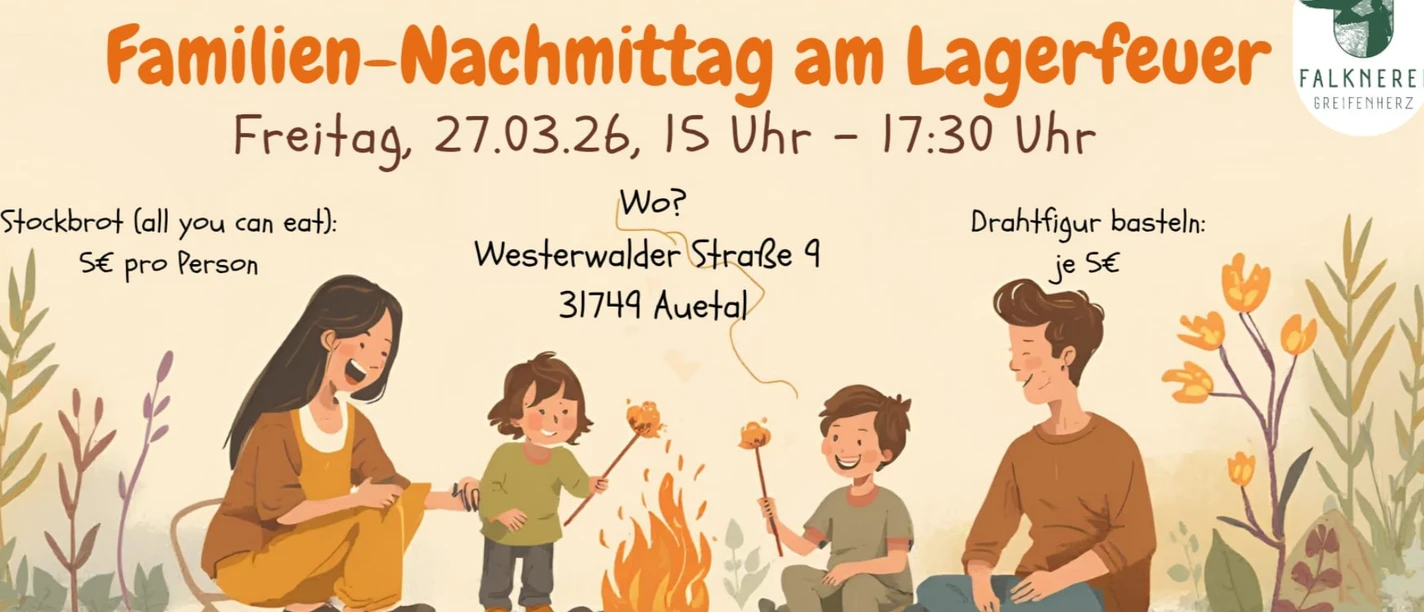 Plakat Familien-Nachmittag am Lagerfeuer Falknerei Greifenherz Plakat Familien-Nachmittag am Lagerfeuer Falknerei Greifenherz