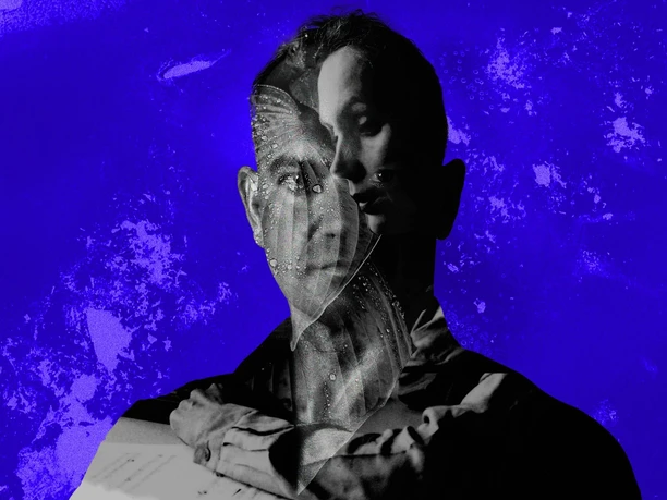 Sombre - Aleksi Barrière Abstract double portrait against a blue background with superimposed structures