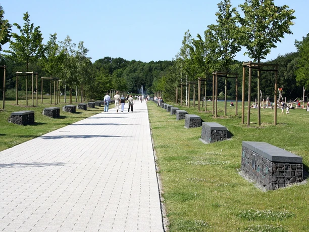 Speckenbütteler Park Weg zum See (c) Jens Wöhlken_Erlebnis Bremerhaven_WEB.jpg Menschen flanieren auf der Allee der heilenden Bäume im Gesundheitspark Speckenbüttel