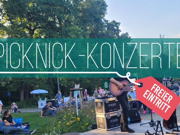 Picknick-Konzerte 2026 Open-Air-Picknickkonzert am See mit Bühne, Publikum auf Wiese, Hinweis Freier Eintritt