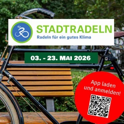 Stadtradeln Ein Fahrrad vor einer Holzbank. Mach beim Stadtradeln im Mai 2026 mit!