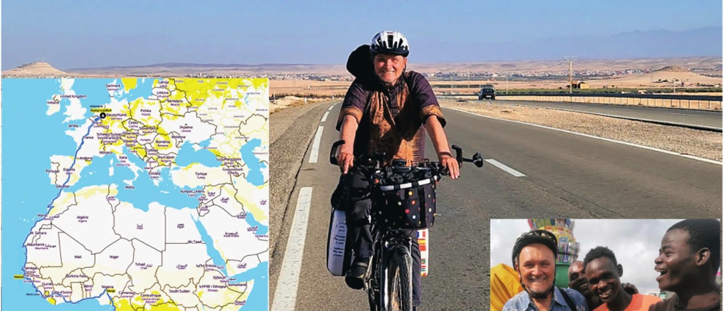 Wie geht Frieden quer Plakat zur Fahrradreise Wie geht Frieden mit Radfahrer, Route nach Madagaskar und Begegnung vor Ort.