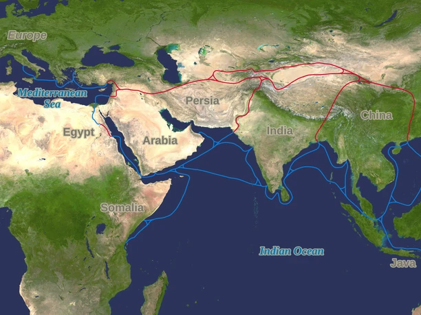 Historische Seidenstraße_Landweg rot_Seeweg blau