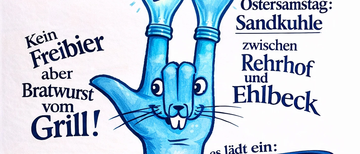 jpg Osterfeuer.jpg Plakat des SV Ehlbeck zum Osterfeuer in der Sandkuhle mit blauer Hand in Hasenform und Glühbirnen.