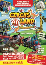 Circus land locandina_2026 Werbeplakat für Charles Knie's Circus-Land Saison 2026 mit Achterbahn, Dino-Land und Tierpark.