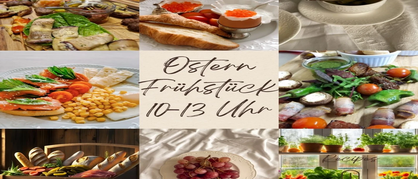 Ostern Früstück2026.jpg Collage mit verschiedenen Speisen für ein Osterfrühstück, darunter Lachs, Brot, Kaviar und Kaffee.