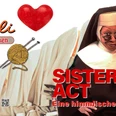 04-04 Sister Act.jpg Filmposter KinoStricken: Sister Act. Whoopi Goldberg als Nonne und ein Wollknäuel mit Nadeln.