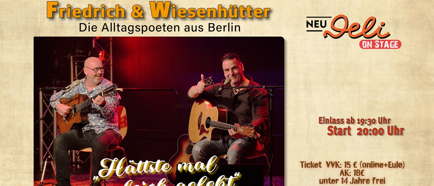 11-04 Friedrich Wiesenhütter.jpg Plakat von Friedrich & Wiesenhütter mit zwei musizierenden Männern an Gitarren auf einer Bühne.