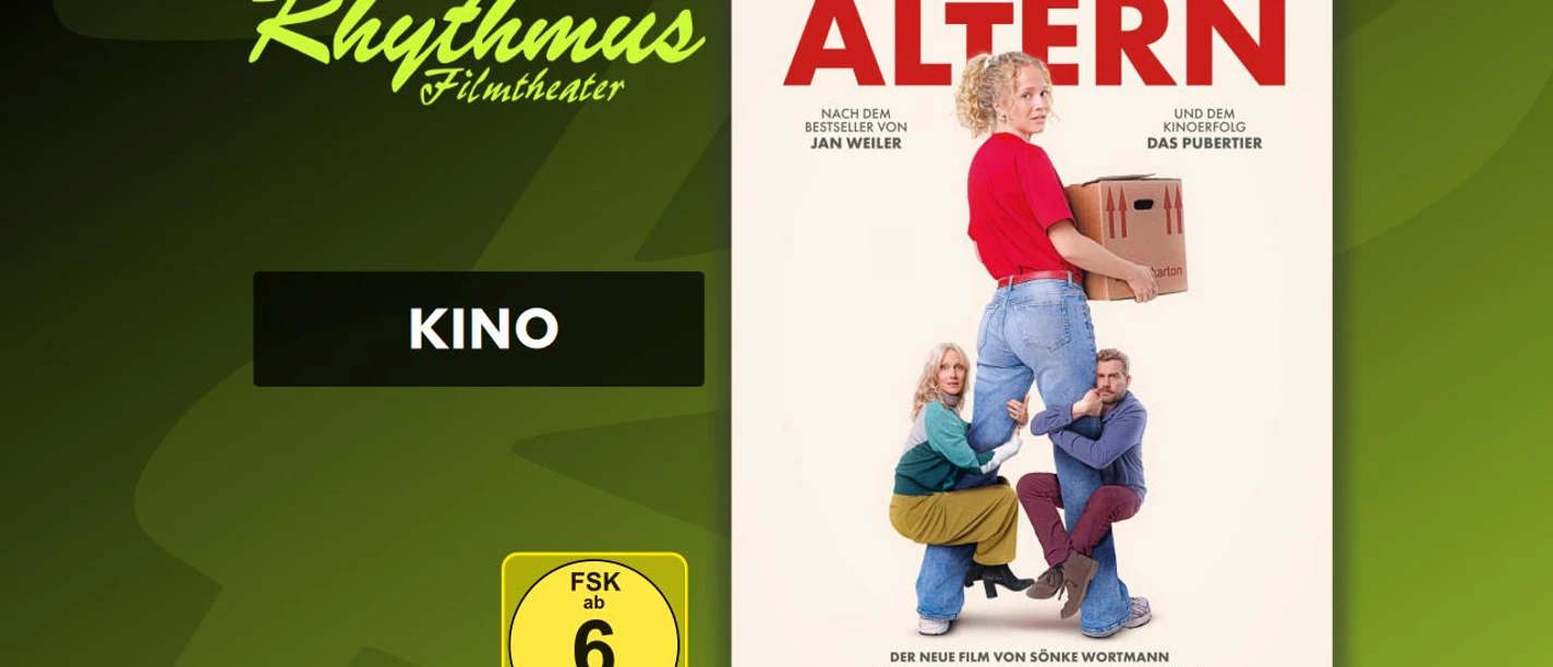 filmplakat-dieaeltern.jpg Plakat Die Ältern: junge Frau mit Karton, Eltern klammern an ihrem Bein