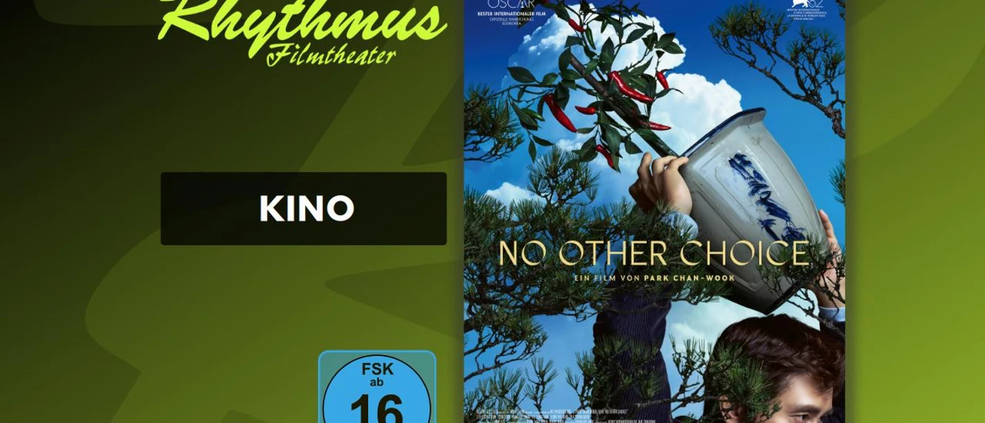 Filmplakat No Other Choice mit Mann, Vase und roten Chilischoten im Baum