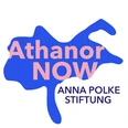 Athanor NOW logo Abstract blue shape with pink Athanor NOW and dark purple lettering Anna Polke Foundation