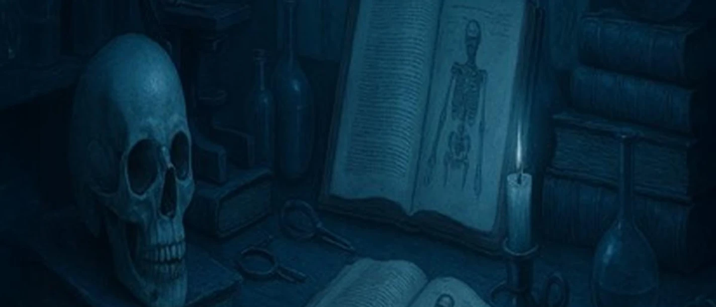 Dunkle Studierstube mit Totenschädel, Anatomiebüchern, Kerze und alten Glasgefäßen