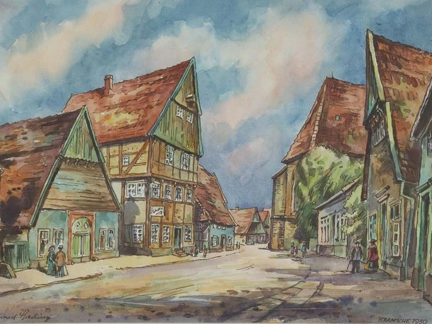 Gerhard Sperling, Große Straße 1930, Aquarell nach einer Postkarte, 1950er Jahre