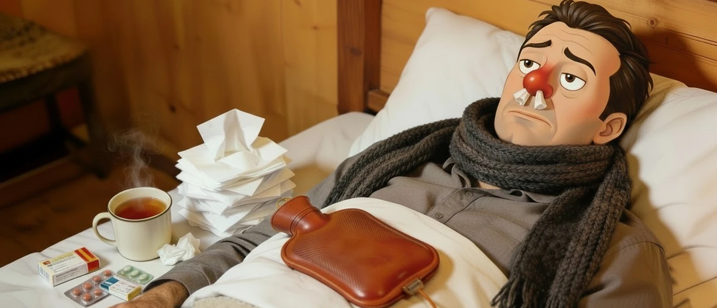 Männerschnupfen Ein kranker Mann liegt mit Schal, roter Nase, Tee, Taschentüchern und Wärmflasche im Bett.
