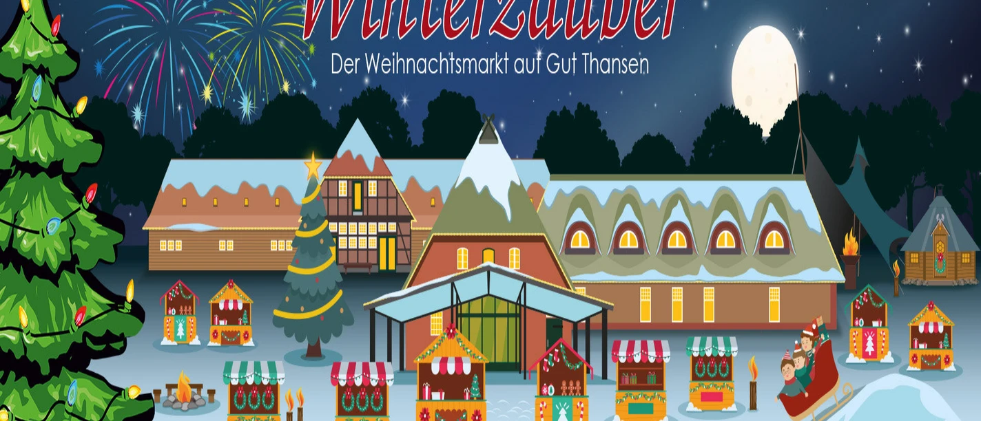winterzauberbanner-banner-2024-02-v1-rm0-x1920.jpg.jpg Verschneiter Weihnachtsmarkt auf Gut Thansen mit beleuchteten Buden, Tannen und Feuerwerk.