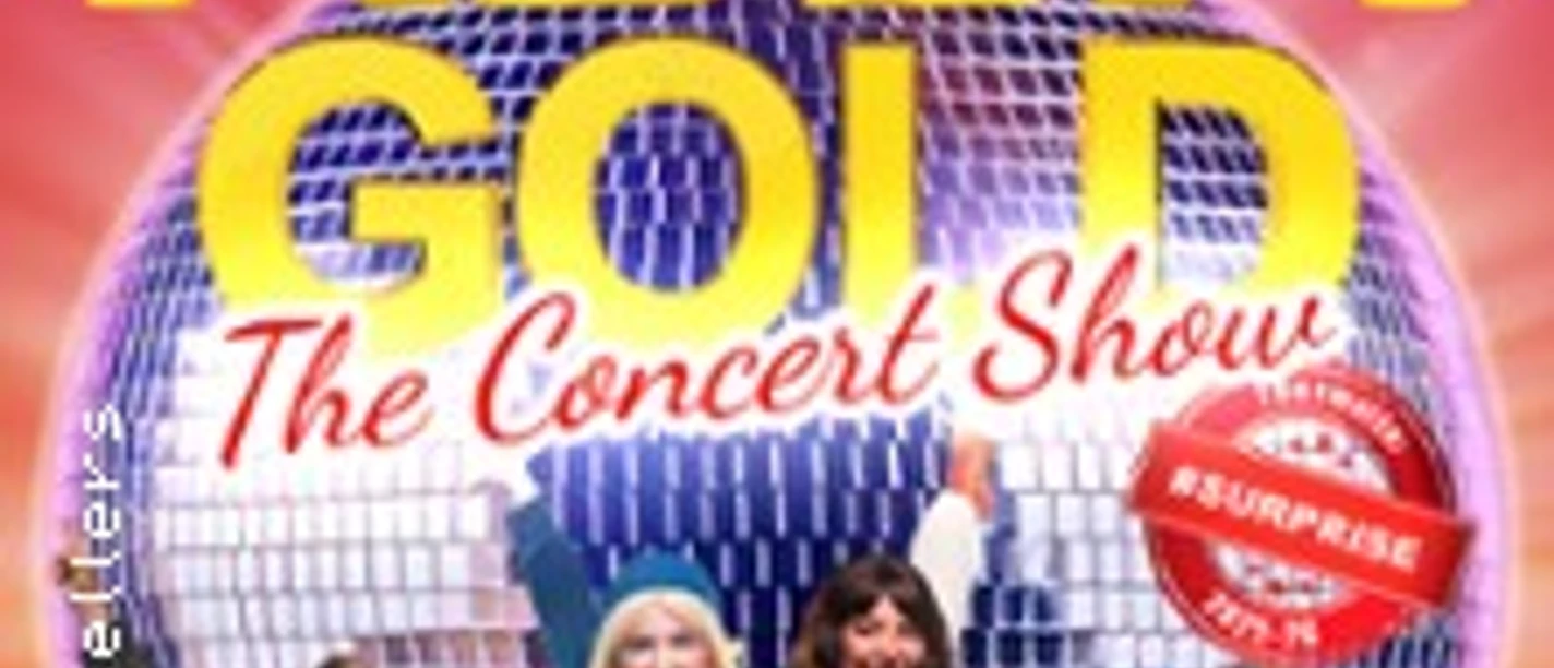 Buntes Konzertplakat mit vier kostümierten ABBA-Tribute-Performern vor großer Disco-Kugel