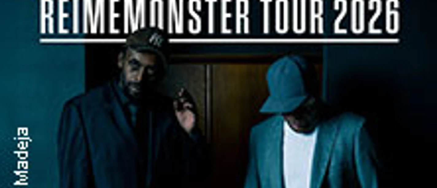 Zwei Personen in dunkler Szenerie vor Schrift zur Reimemonster Tour 2026