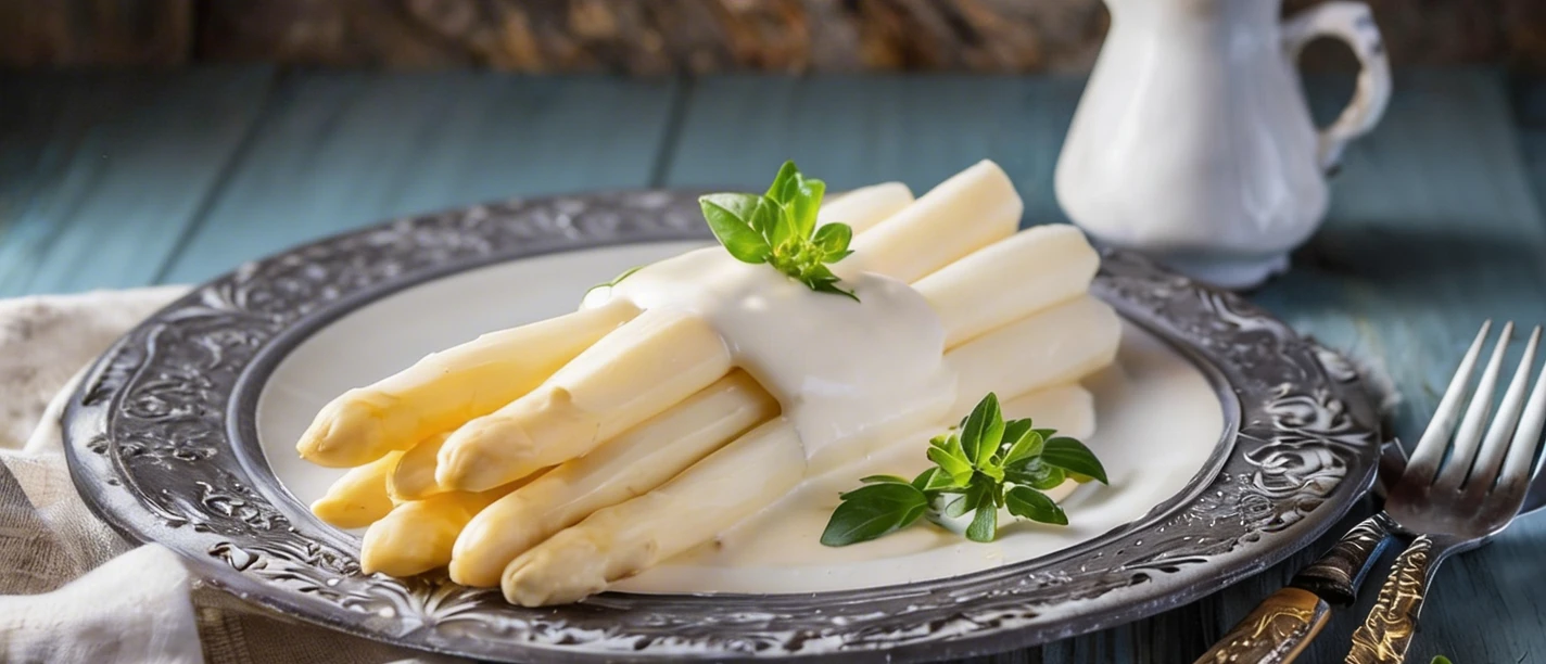 Spargelbuffetessen Frischer weißer Spargel mit Sauce Hollandaise auf einem Teller, garniert mit grünen Blättern.