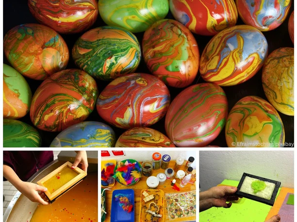 Marmorieren und schöpfen Marmorierte Ostereier und handgeschöpftes Papier als kreative Osteraktivität.