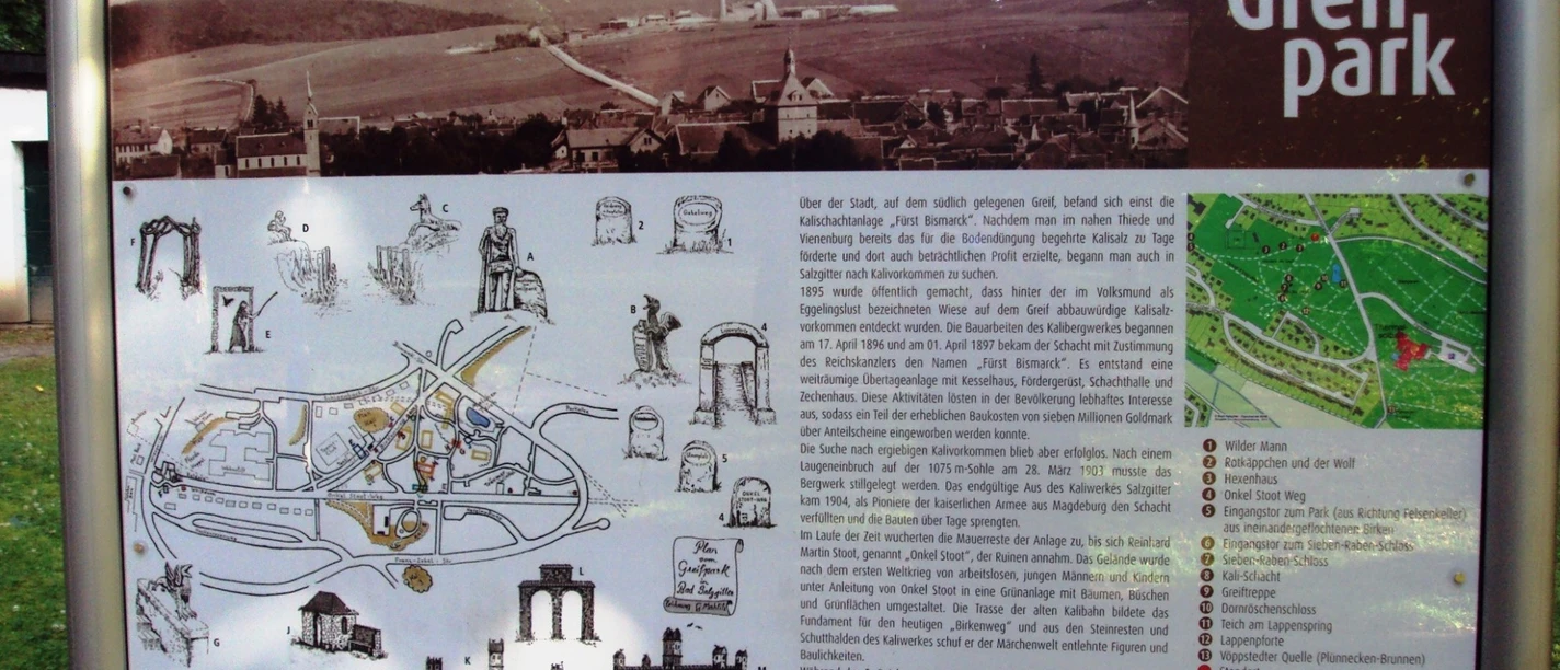 Märchenpfad_Salzgitter-Bad_HD_16zu9.JPG Informationstafel zum Märchenpfad im Greifpark mit Karte, historischen Zeichnungen und Text.