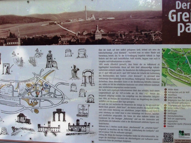 Märchenpfad_Salzgitter-Bad_HD_16zu9.JPG Informationstafel zum Märchenpfad im Greifpark mit Karte, historischen Zeichnungen und Text.