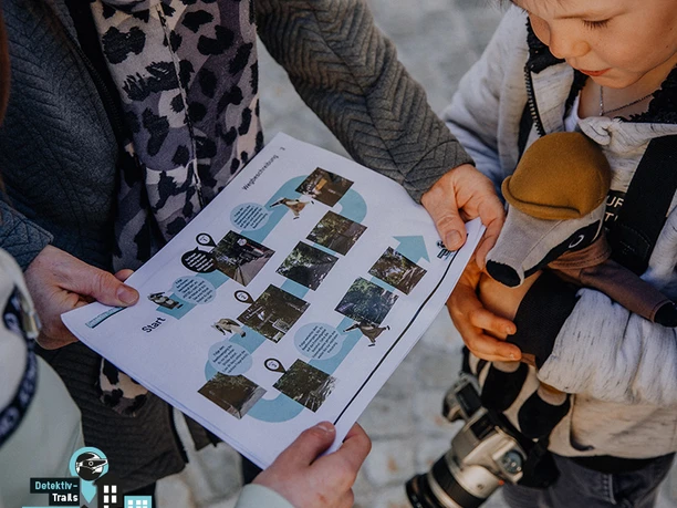 Detektiv-Trails-Familie-Schatzsuche-Karte (c) MyCityHighlight Europe GmbH.jpg Eine Familie betrachtet konzentriert die gedruckte Route einer Detektiv-Schatzkarte.