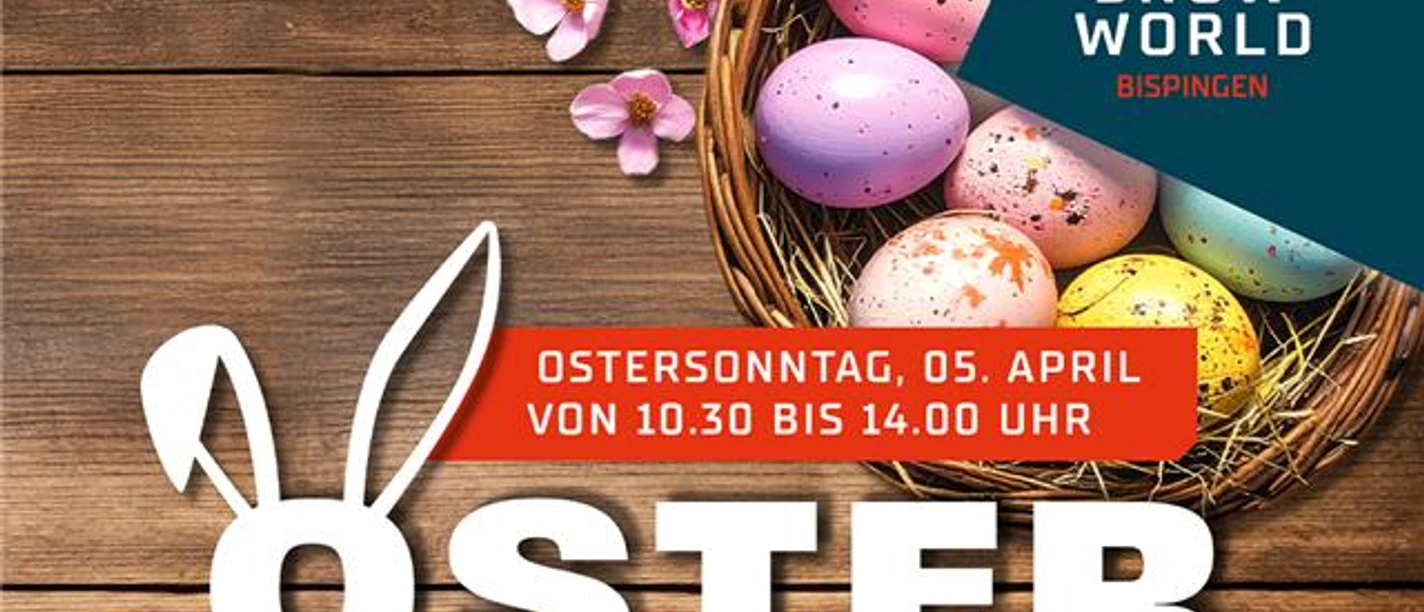 Osterbrunch_Bispingen.png Plakat zum Osterbrunch am Ostersonntag mit Ostereiern und aus Frühstückszutaten geformtem Schriftzug.