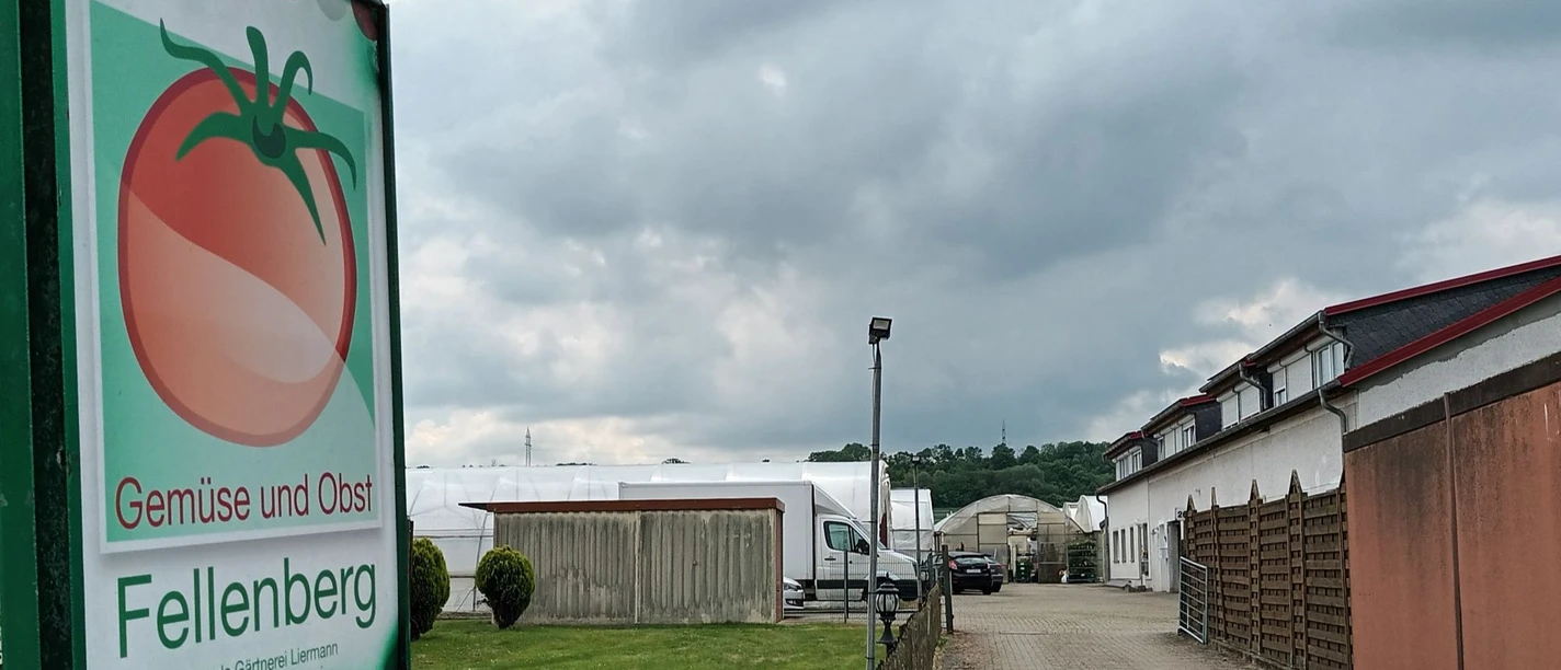 Direktvermarkter_Fellenberg_HD_16zu9.jpg Schild mit Tomate für Gemüse und Obst Fellenberg an einer Einfahrt zu Gewächshäusern.