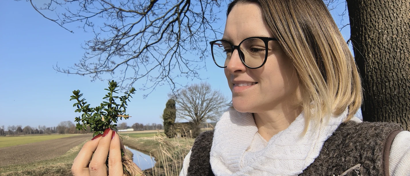 Gästeführerin Gitta Hemmerling mit einem Bündel Wiesenlabkraut in der Hand.jpg